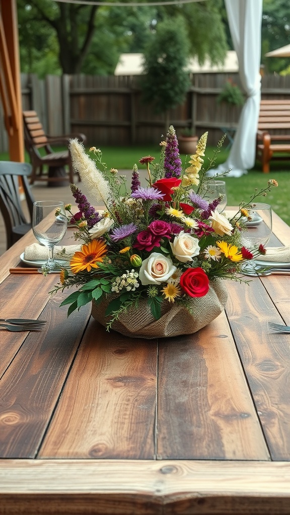 A rustic wooden table decorated with a vibrant floral centerpiece in a burlap wrap.