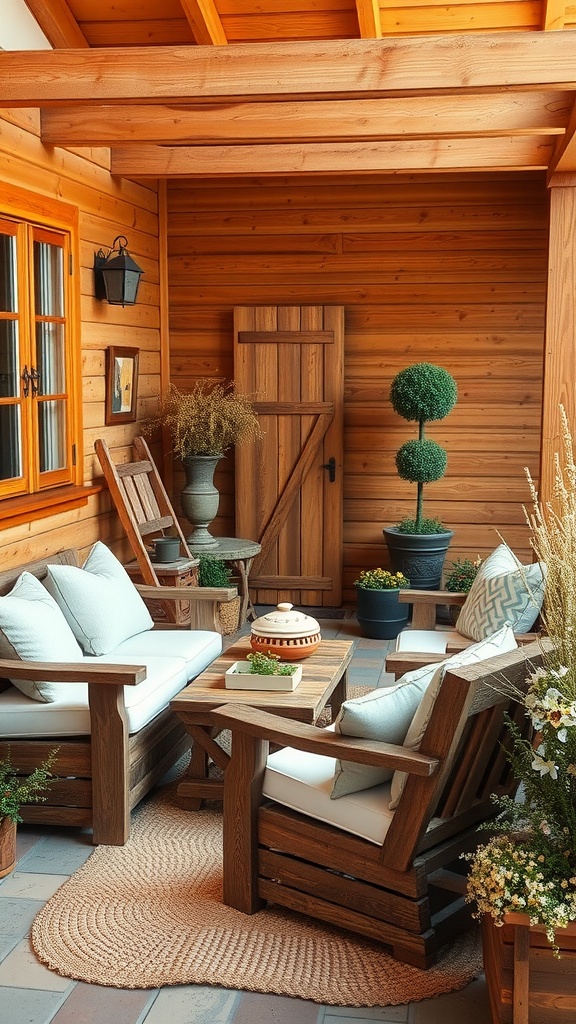 A cozy outdoor patio featuring rustic wooden furniture and soft cushions.