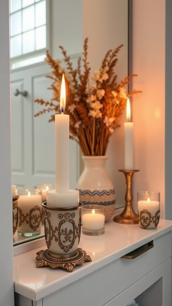 A stylish bathroom displaying scented candles in vintage holders, enhancing the decor.