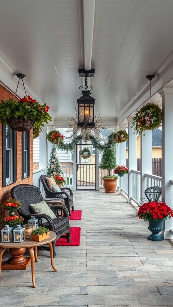 A beautifully decorated covered patio featuring outdoor seating and seasonal decor with flowers, wreaths, and a lantern.