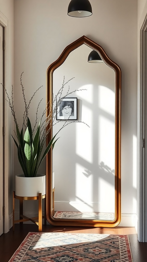 A uniquely shaped mirror in an entryway, reflecting natural light and surrounded by plants.