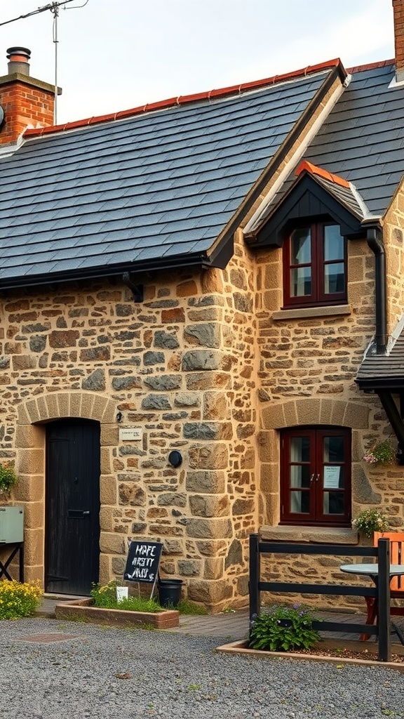 A charming industrial farmhouse with a slate roof and stone facade, showcasing rustic architectural elements.