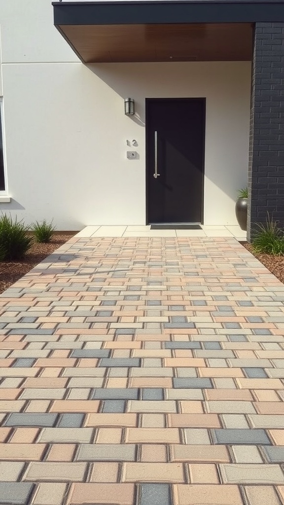 A modern and minimalist brick walkway leading to a front door.