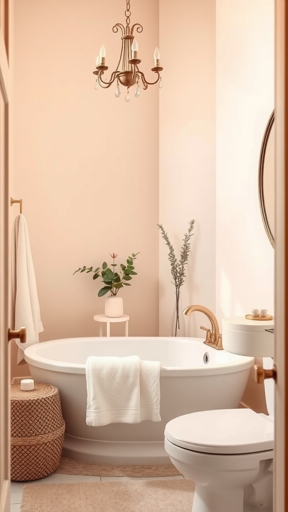 Luxurious bathroom with blush pink walls, white bathtub, and elegant chandelier.