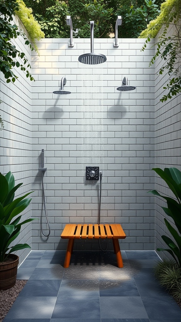 A modern, open shower design with multiple showerheads and a wooden bench, surrounded by greenery.