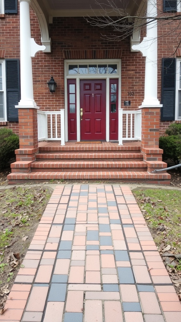 A split-level brick walkway leading to a red front door with steps.