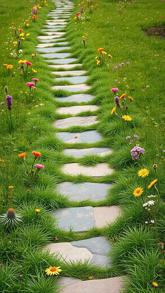 A stepping stone path lined with colorful flowers and lush grass in a backyard
