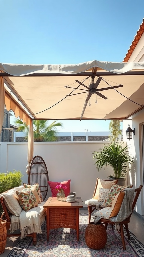 Stylish outdoor patio with a canopy providing shade, featuring comfortable seating and decorative elements.