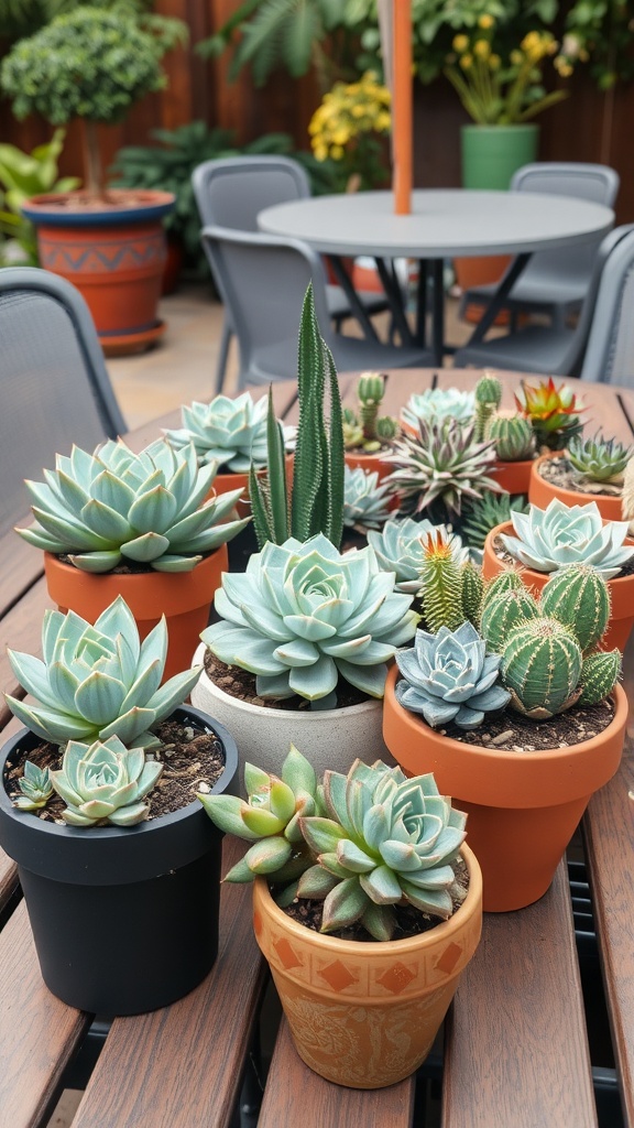 An assortment of succulent plants in various pots arranged on a wooden table