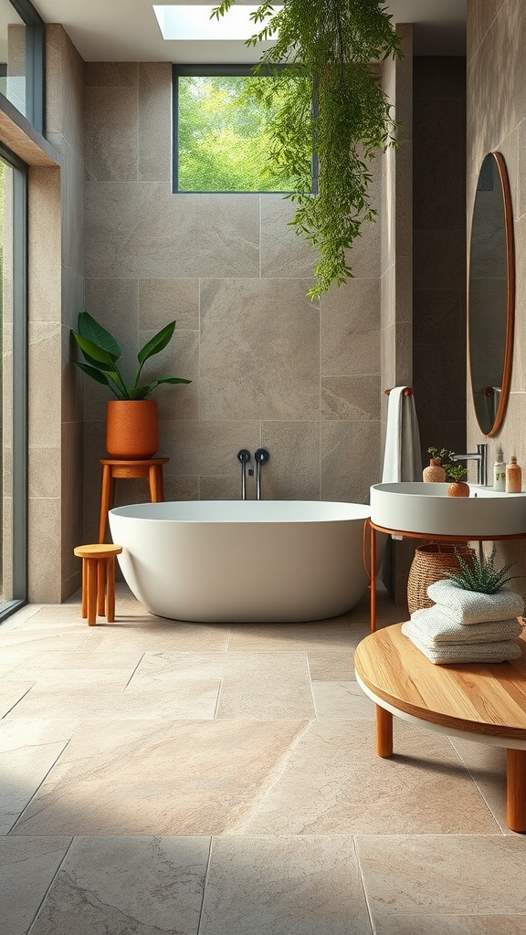 A modern bathroom featuring textured natural stone flooring, a freestanding bathtub, and a stylish sink area.