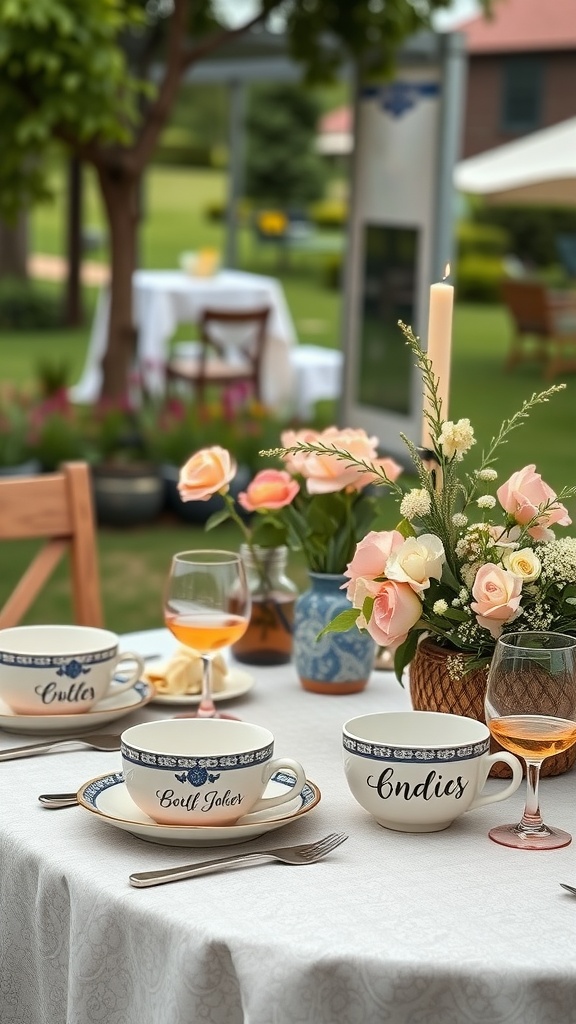 Outdoor table setup with themed dinnerware, flowers, and a candle.