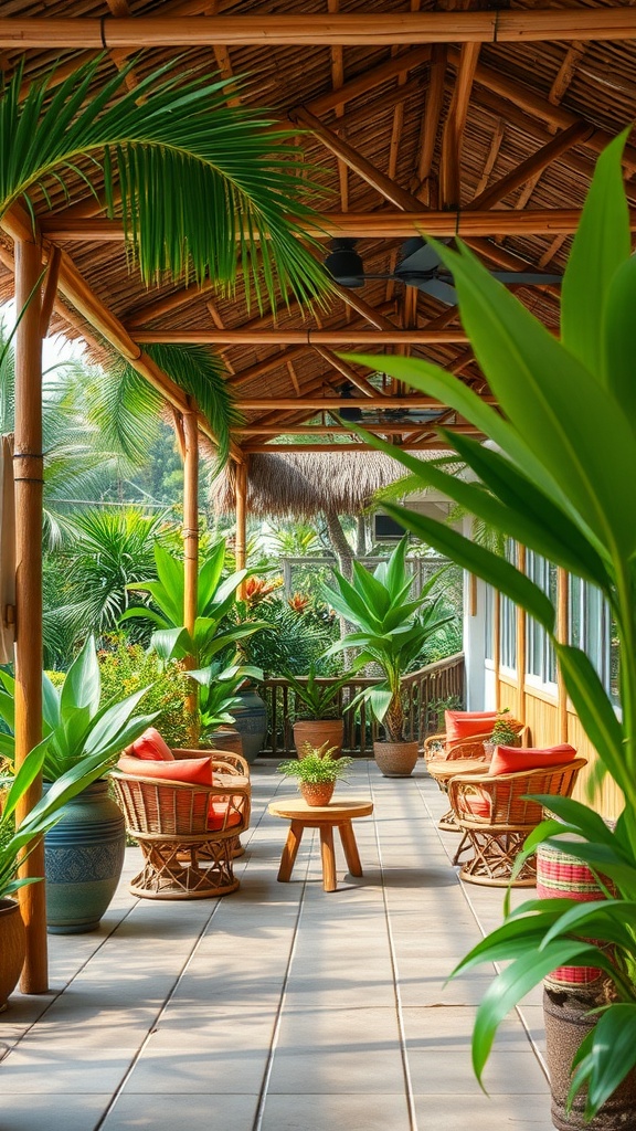 A covered patio with bamboo accents, featuring comfortable seating, tropical plants, and a small wooden table.