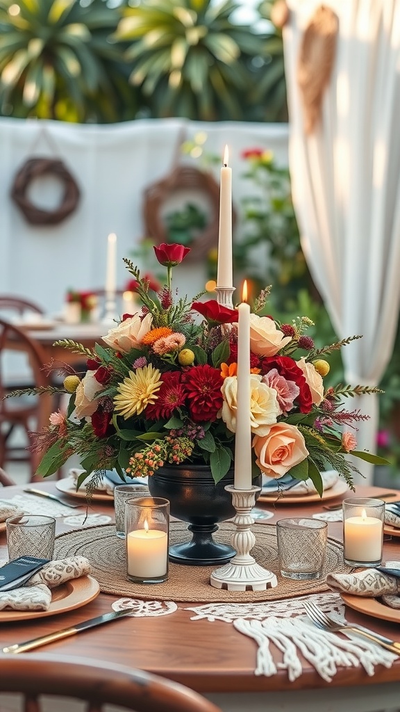 Beautiful boho outdoor table setup with flowers and candles.