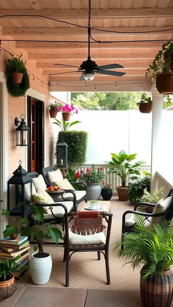 A cozy vintage-inspired outdoor patio with plants, comfortable seating, and decorative accents.