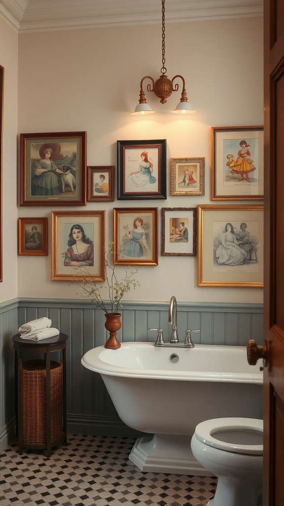 A vintage-themed bathroom with various framed prints and artwork on the wall.