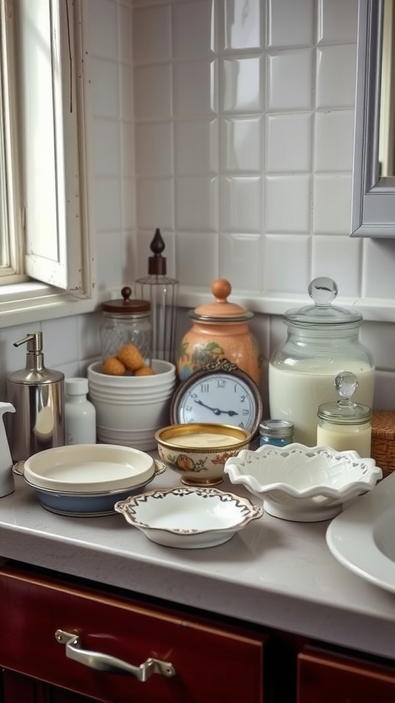 A collection of vintage bath accessories including decorative bowls, jars, and a clock on a countertop.