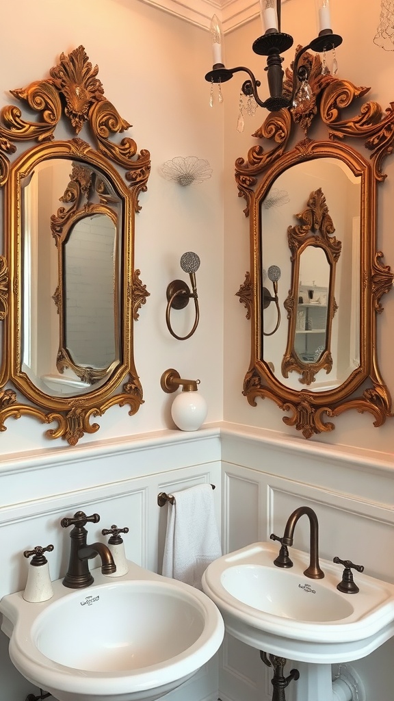 A luxurious bathroom with vintage French accents, featuring ornate mirrors and antique fixtures.