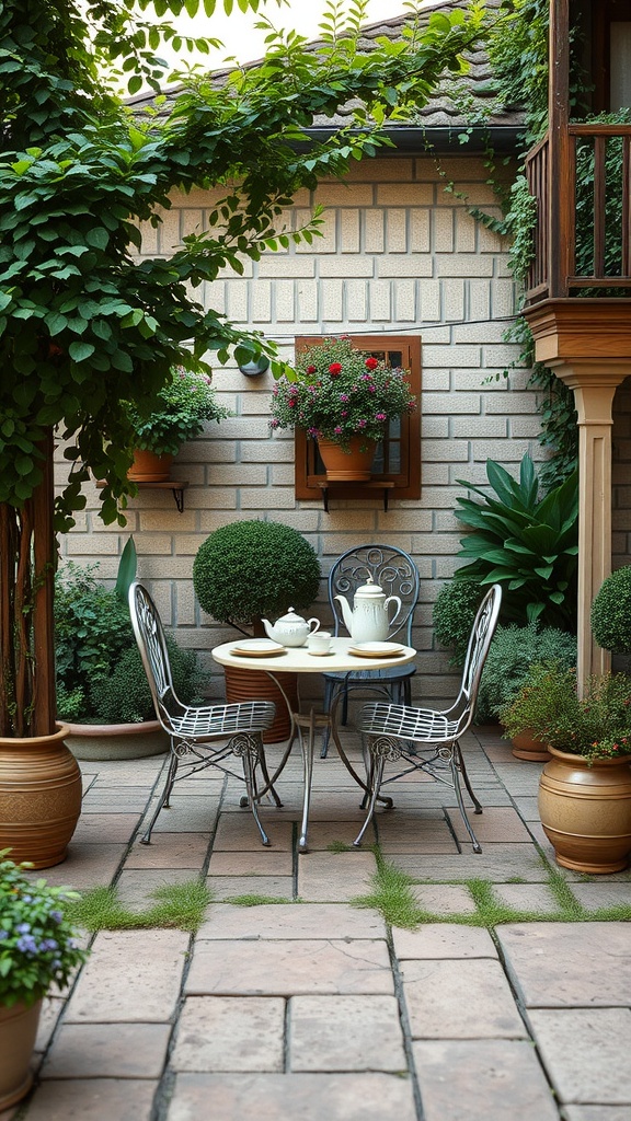 A small patio featuring vintage metal chairs and a round table surrounded by greenery and plants.