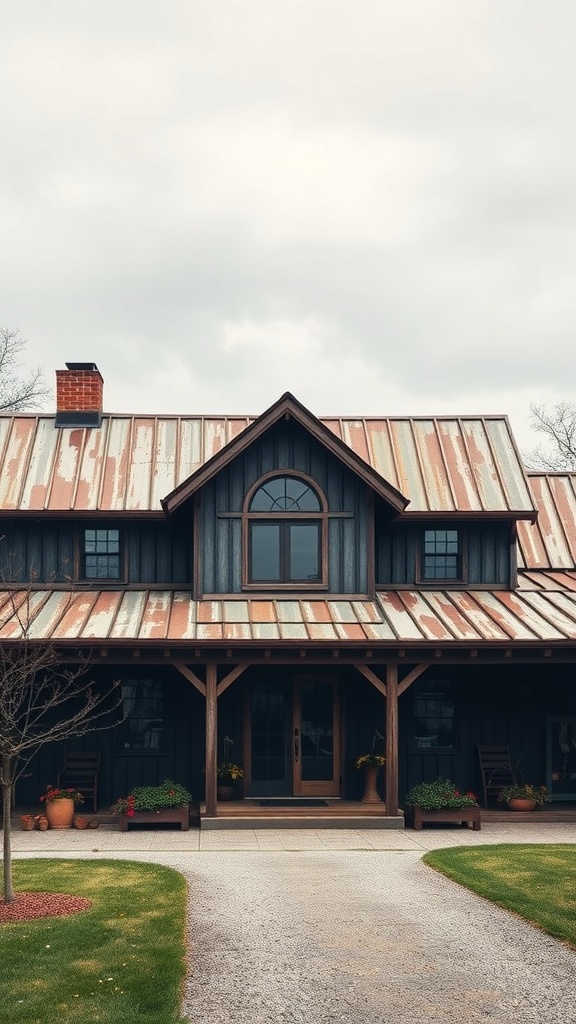 A farmhouse with vintage metal roofing and dark blue siding, surrounded by greenery.