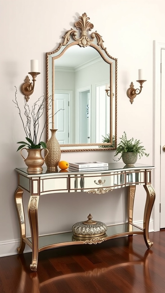 A vintage mirrored console table with an ornate mirror, surrounded by decorative vases and plants.