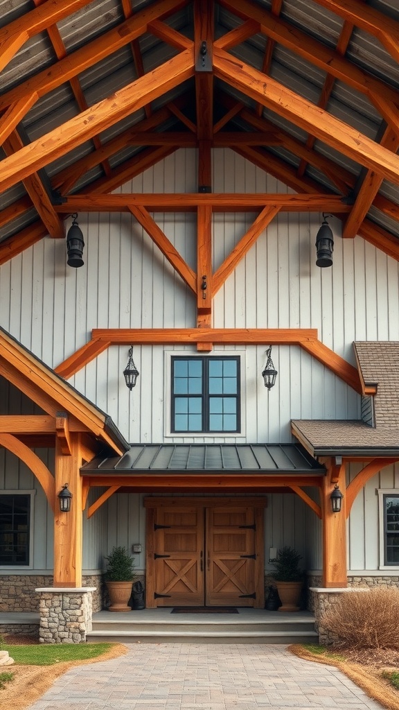 Exterior of an industrial farmhouse showcasing warm wooden beams and an inviting entrance.