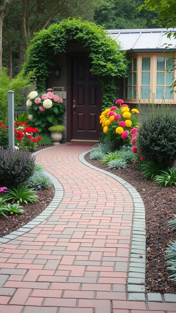 A winding brick walkway surrounded by colorful flowers leading to a front door.