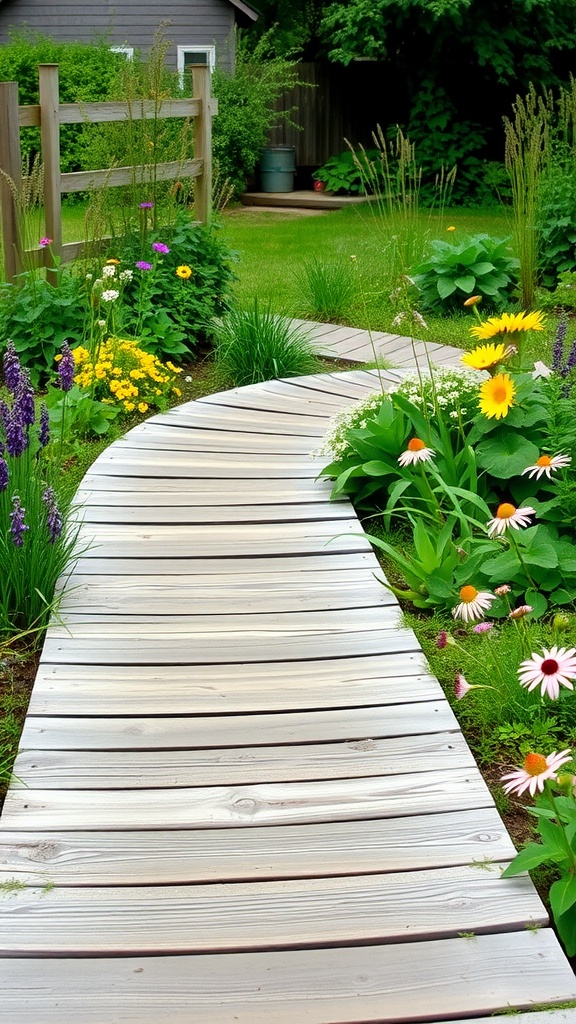 A curved wooden boardwalk surrounded by colorful flowers and lush greenery in a backyard.