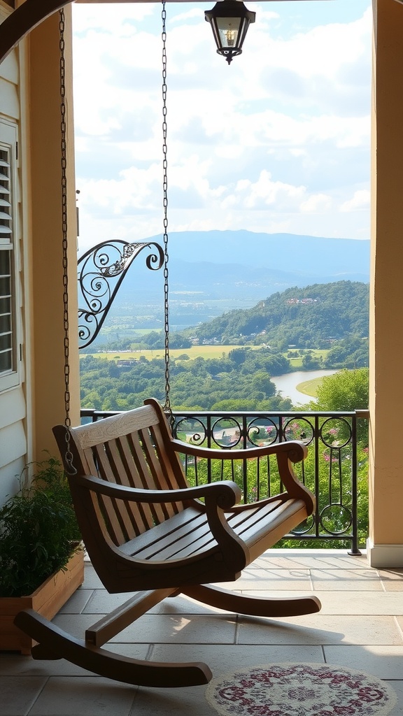 A wooden swing chair hanging from a decorative frame, overlooking a scenic view of hills and a river.