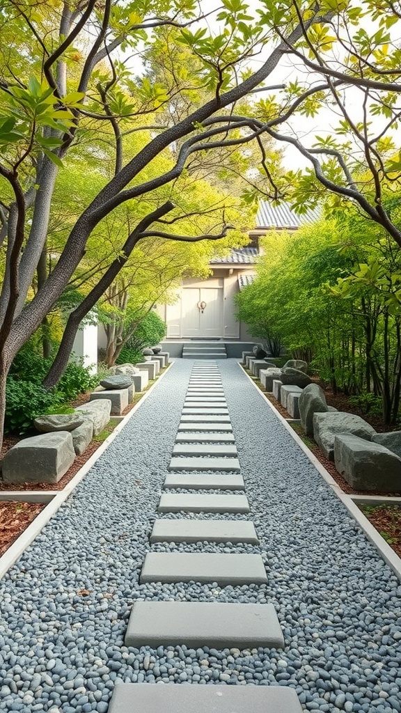 A serene Zen garden pathway lined with stepping stones and pebbles, surrounded by greenery.