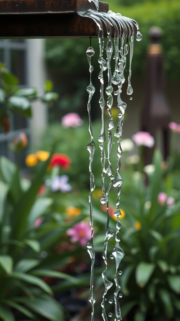 A close-up of a rain chain with water flowing down in front of colorful flowers in a garden.