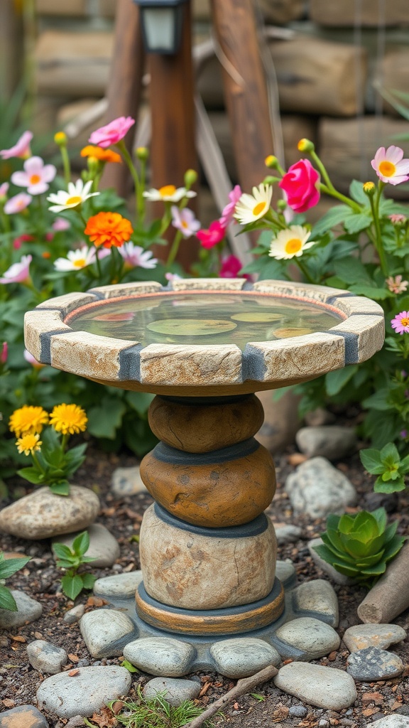 A natural stone bird bath surrounded by colorful flowers in a garden.
