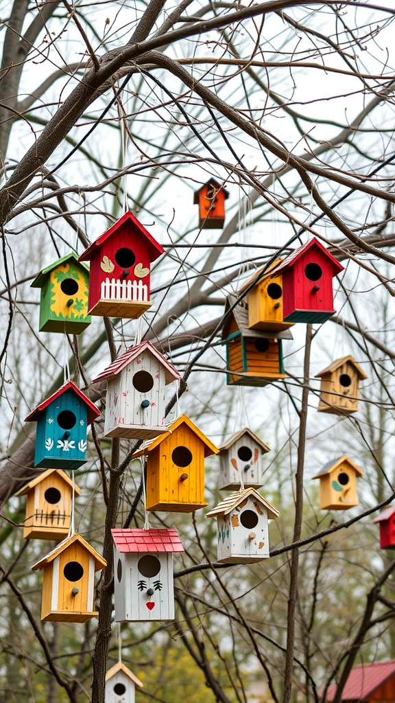 Colorful birdhouses hanging from a tree, showcasing unique themes and designs.