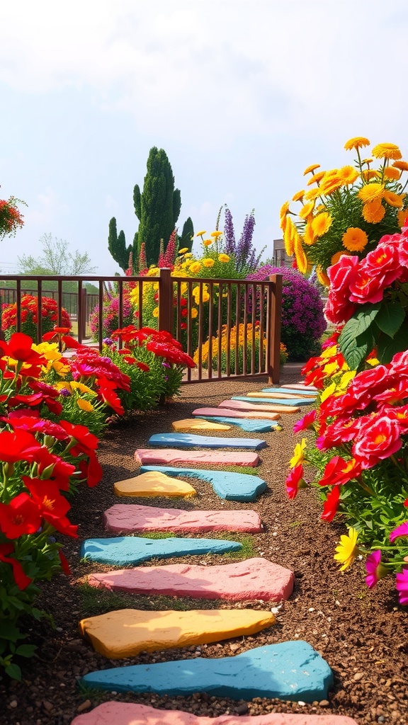 A colorful path of stepping stones surrounded by vibrant flowers in a garden.