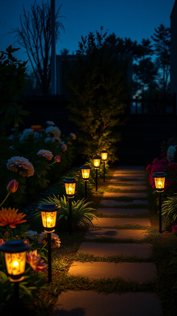 A garden pathway with glowing lights surrounded by colorful flowers at dusk.