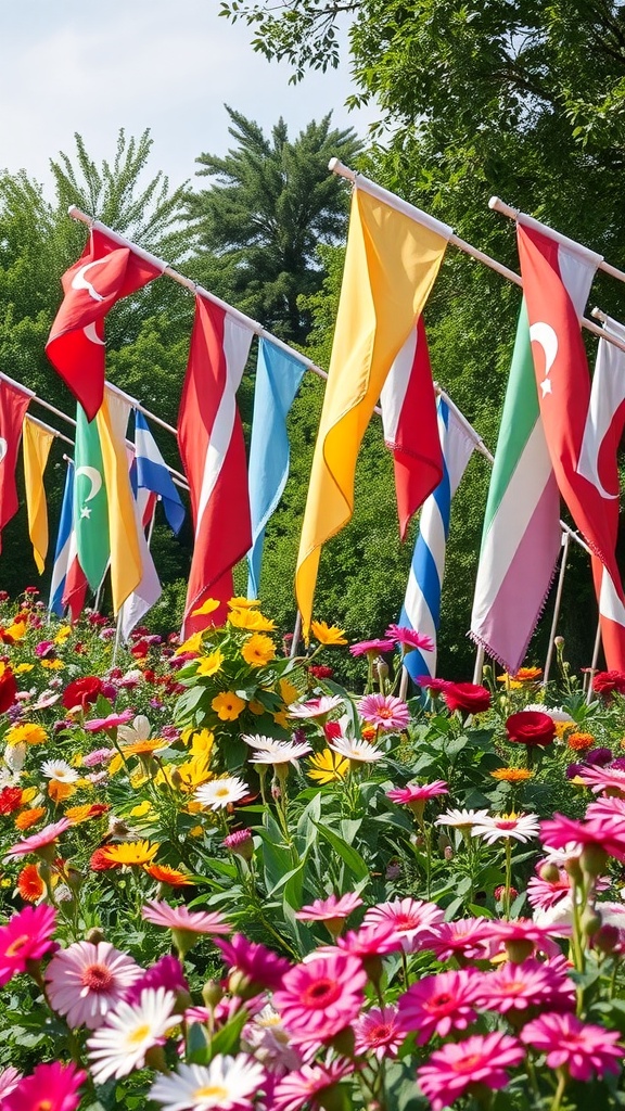 Colorful flags and banners in a garden with vibrant flowers