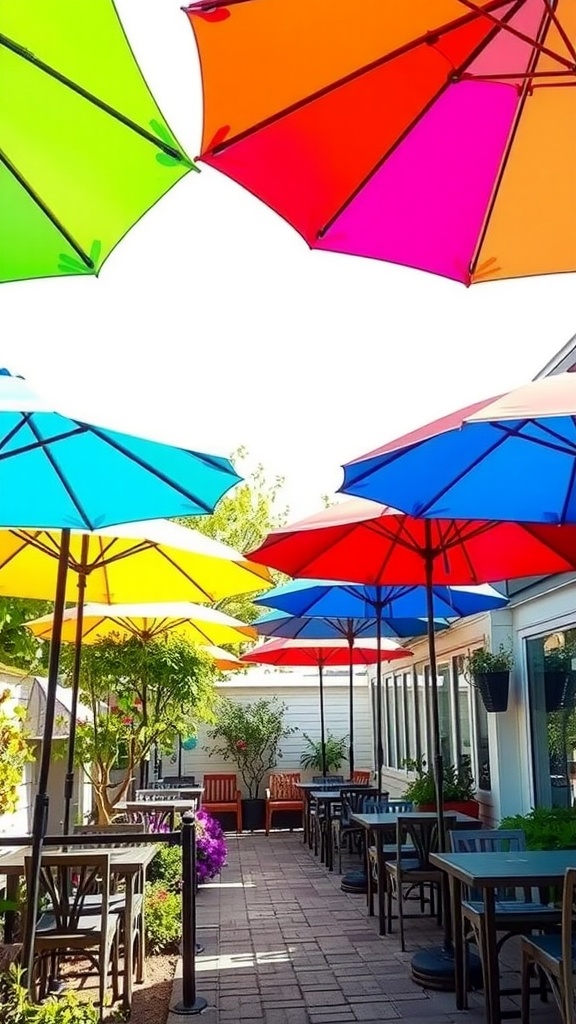 Colorful umbrellas in a garden setting, creating a vibrant outdoor space