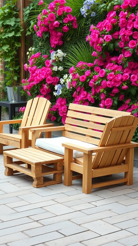 DIY garden furniture made from wooden pallets, featuring chairs and a table with vibrant flower backdrop