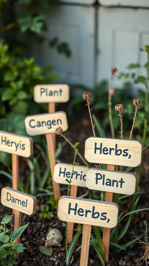 Customizable wooden plant markers in a garden