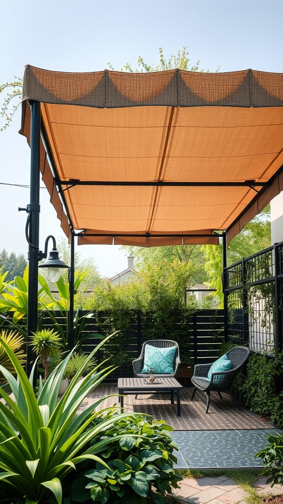 A decorative garden canopy providing shade over a cozy seating area with green plants around.
