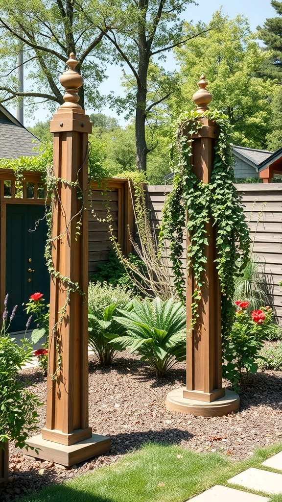 Two wooden decorative garden obelisks covered in climbing vines