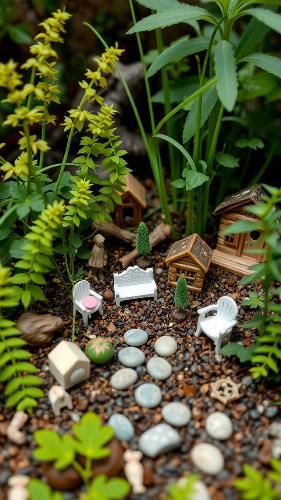 A mini fairy garden with tiny houses, chairs, and decorative stones among plants.