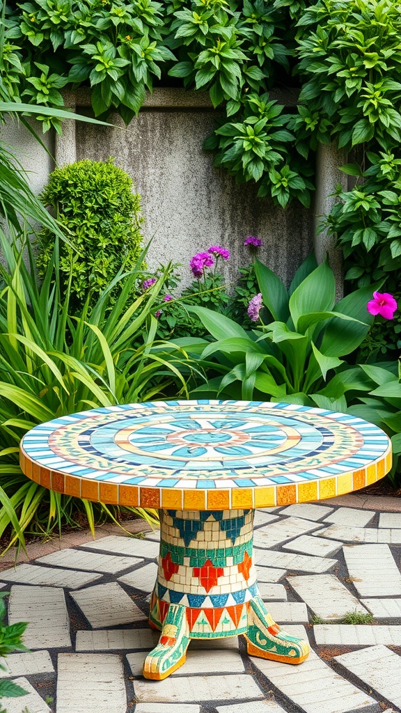 A colorful mosaic table surrounded by lush green plants and flowers in a garden.