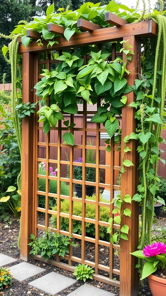 A wooden trellis with climbing green plants in a garden