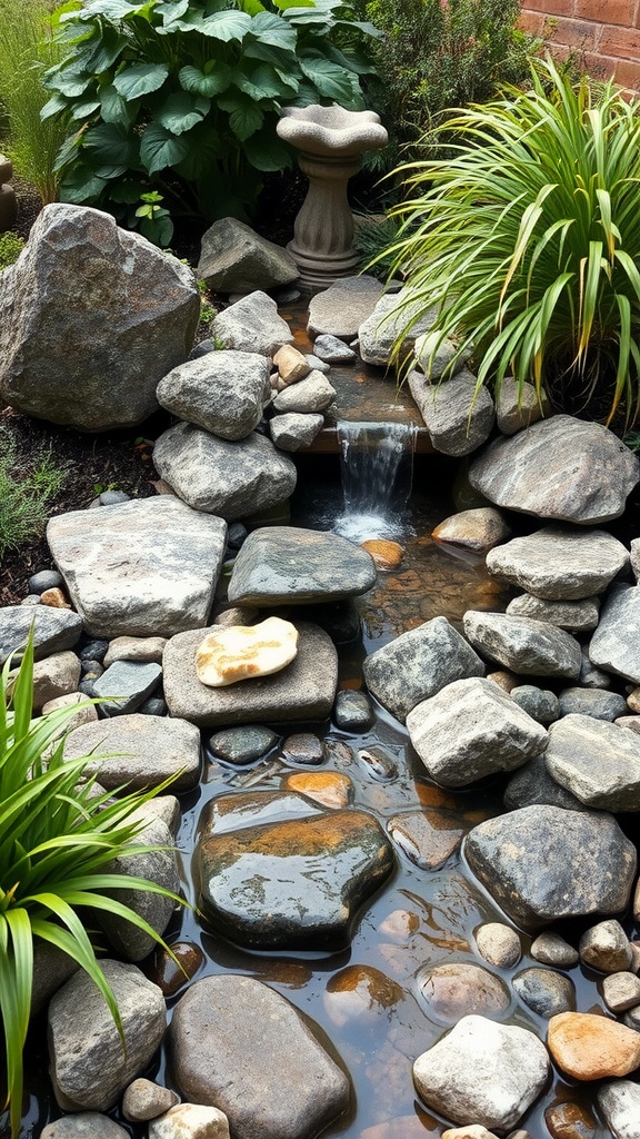 A serene garden water feature with smooth stones and lush greenery.