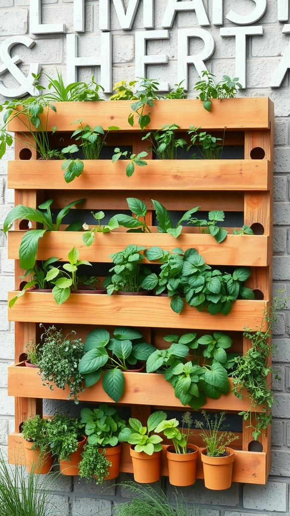 A vertical herb garden made from wooden pallets, planted with various herbs and plants.