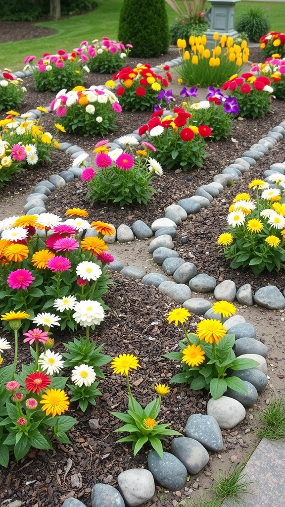 A colorful flower bed bordered with decorative stones, showcasing various flowers and a neat garden layout.