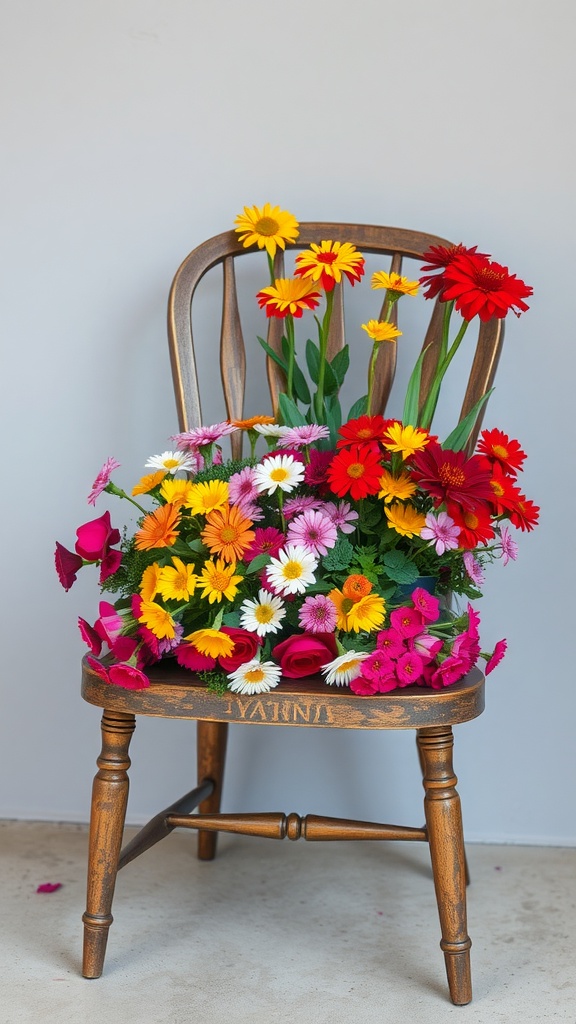 A wooden chair filled with colorful flowers as a planter.