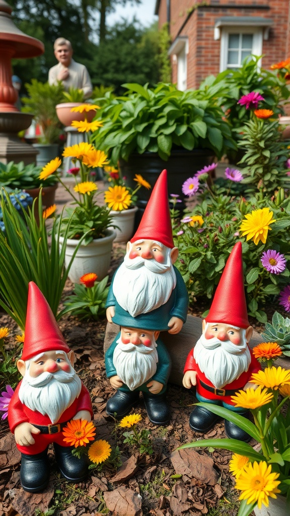 Colorful garden scene with cheerful gnomes and bright flowers