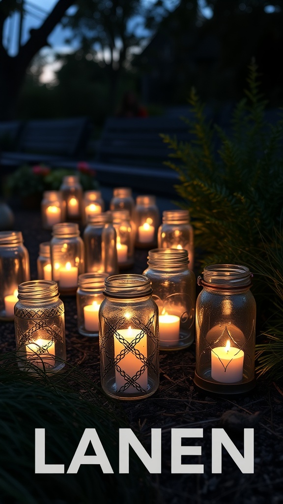 A collection of illuminated jars creating a cozy atmosphere in a garden