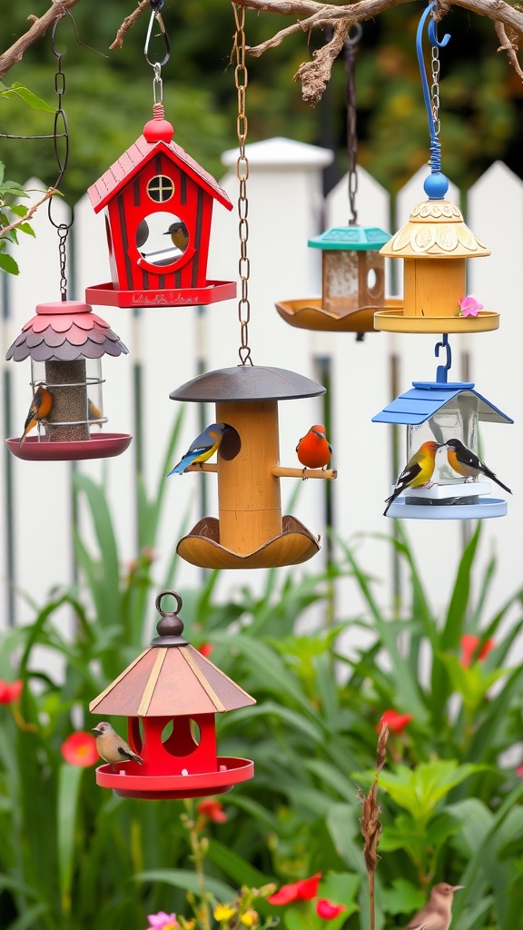 Colorful hanging bird feeders in a garden setting